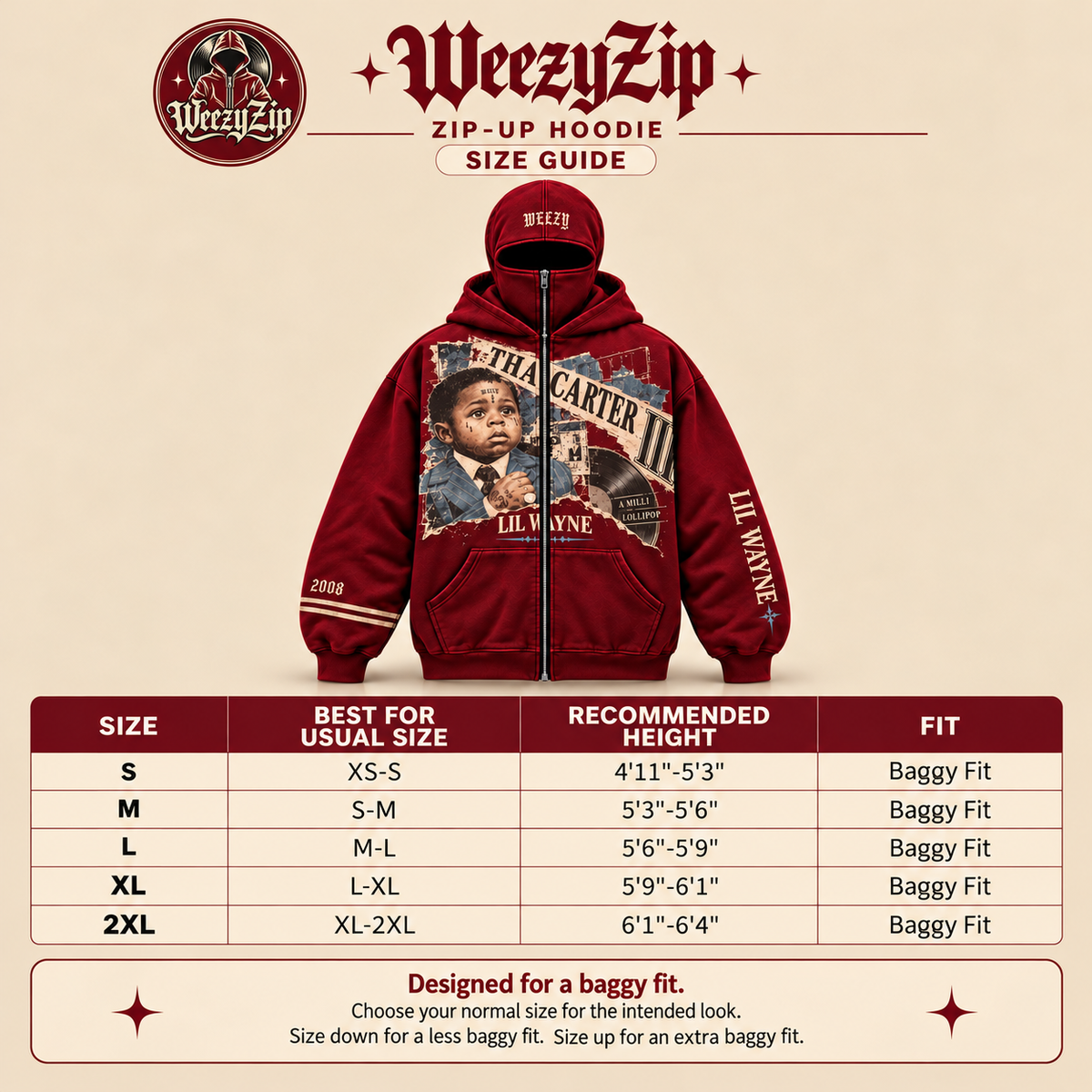 WeezyZip Full Zip Balaclava Hoodie - size guide